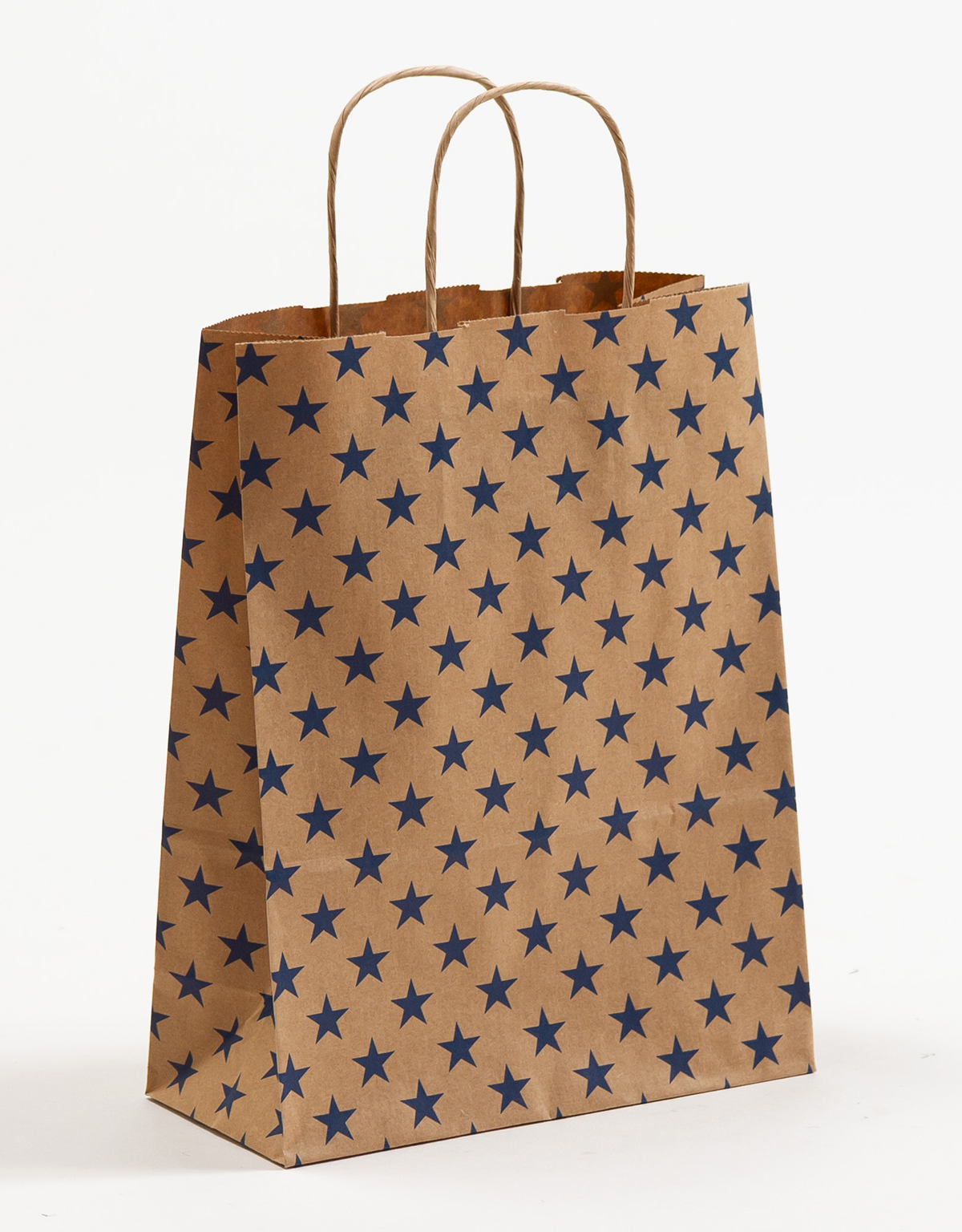 Produktbild SALE Papiertragetaschen mit gedrehter Papierkordel Sterne blau in der Größe 22 x 10 x 28 cm