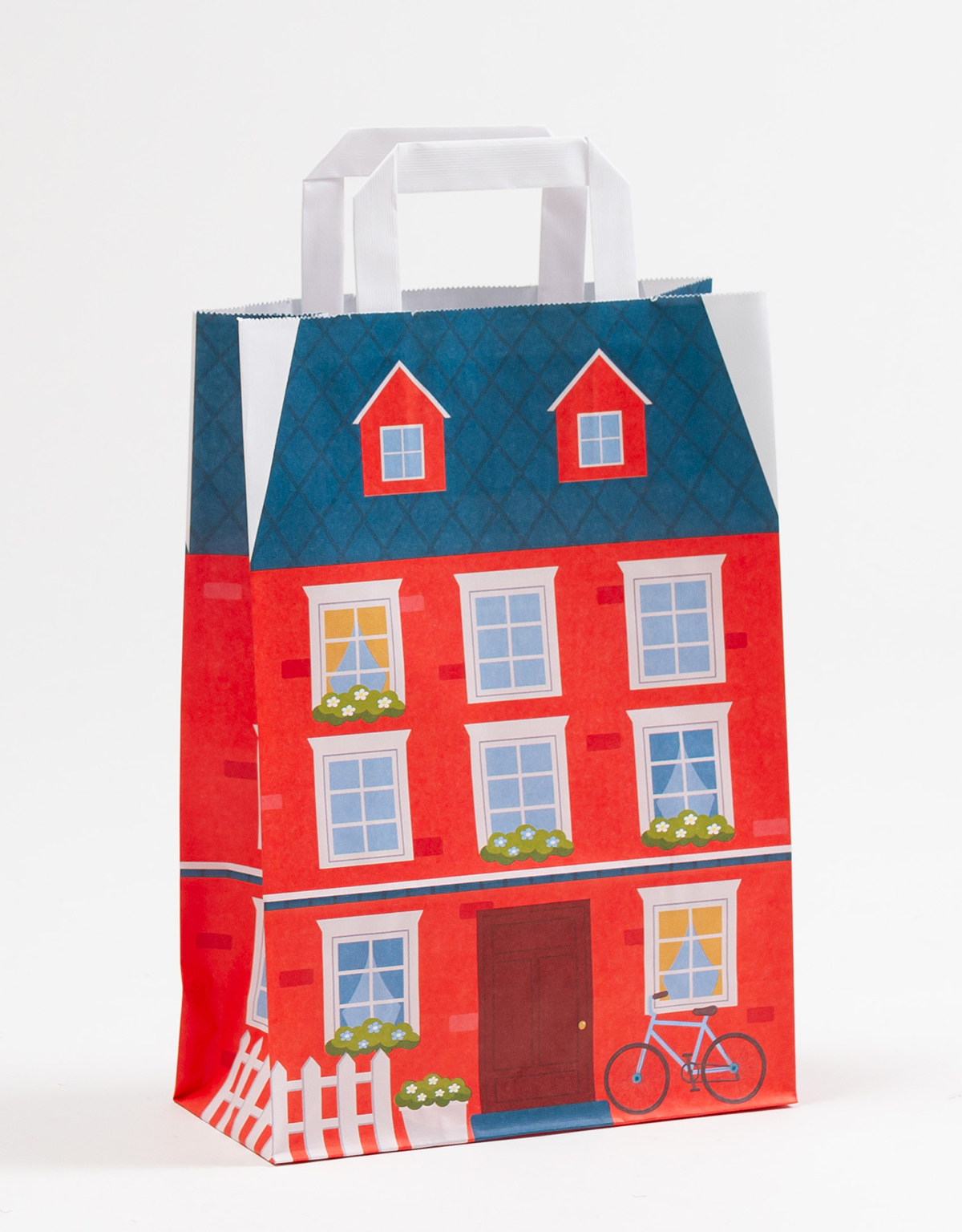 Produktbild Papiertragetaschen mit Flachhenkel - Häuser in der Größe 22 x 10 x 31 cm