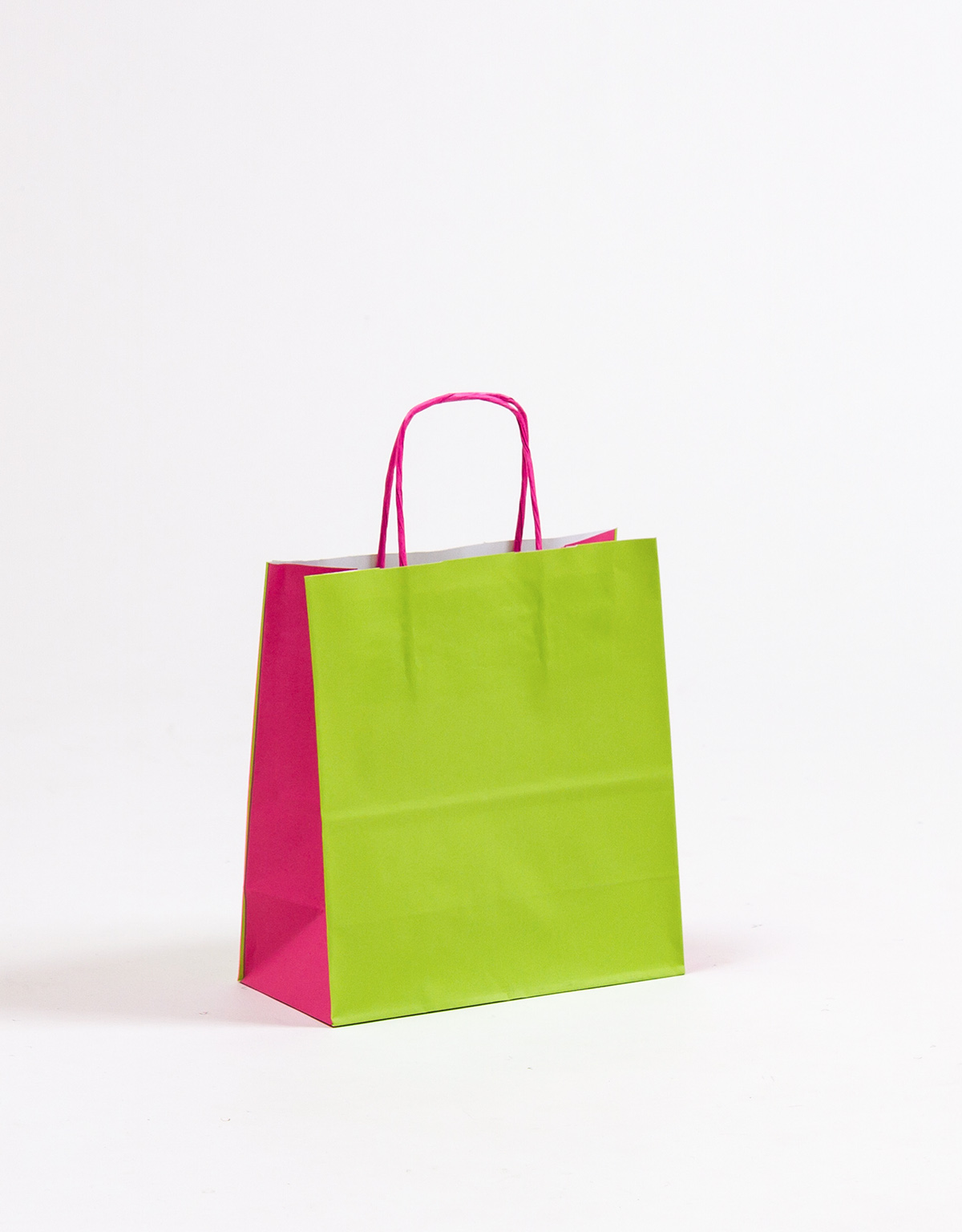 Produktbild Papiertragetaschen DUO grün/pink mit gedrehter Papierkordel in der Größe 20 x 10 x 21 cm
