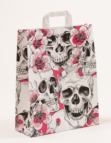 Produktbild Papiertragetaschen mit Flachhenkel -  Skulls & Fowers in der Größe 32 x 12 x 40 cm