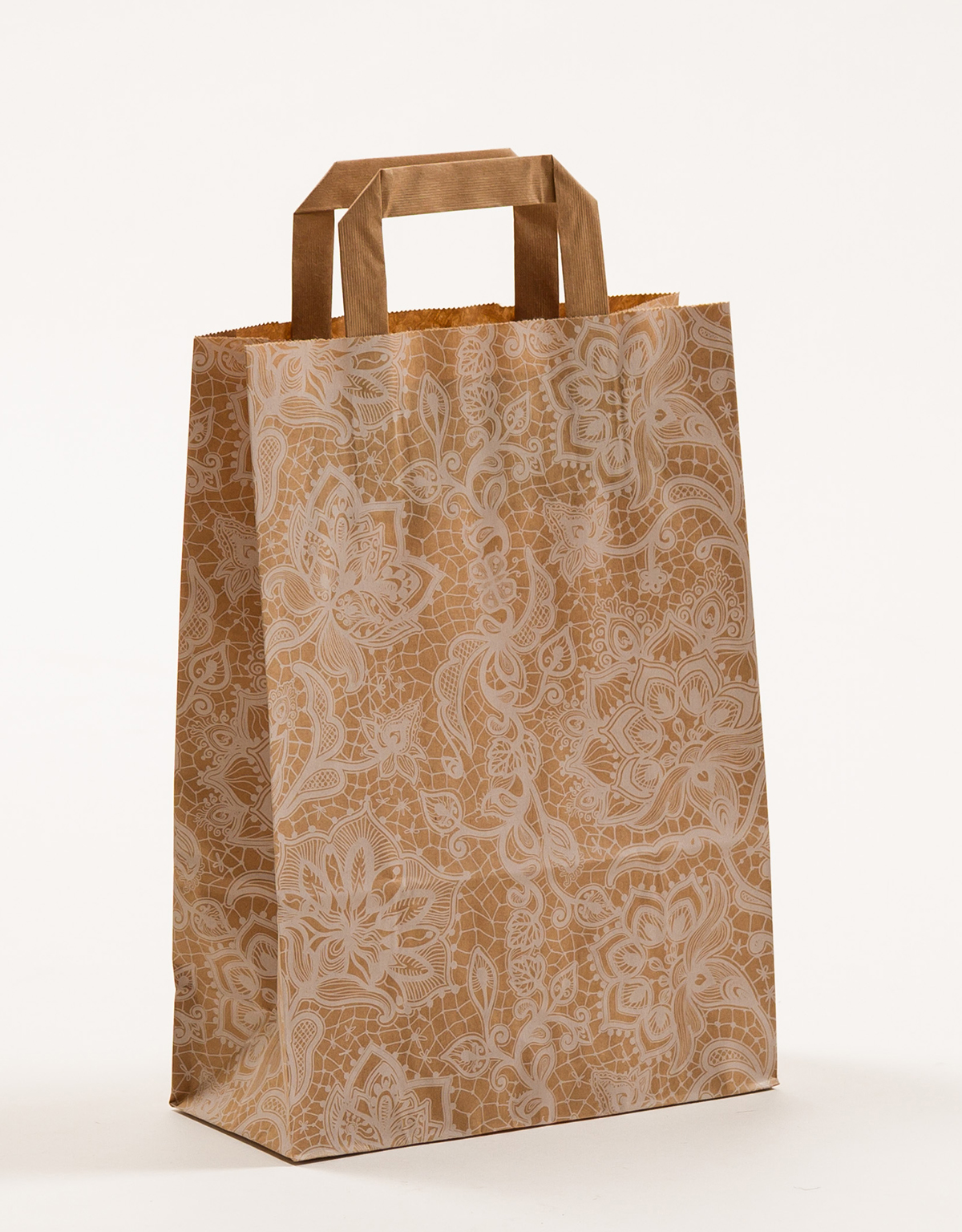 Produktbild Papiertragetaschen mit Flachhenkel - Spitze weiß in der Größe 22 x 10 x 31 cm