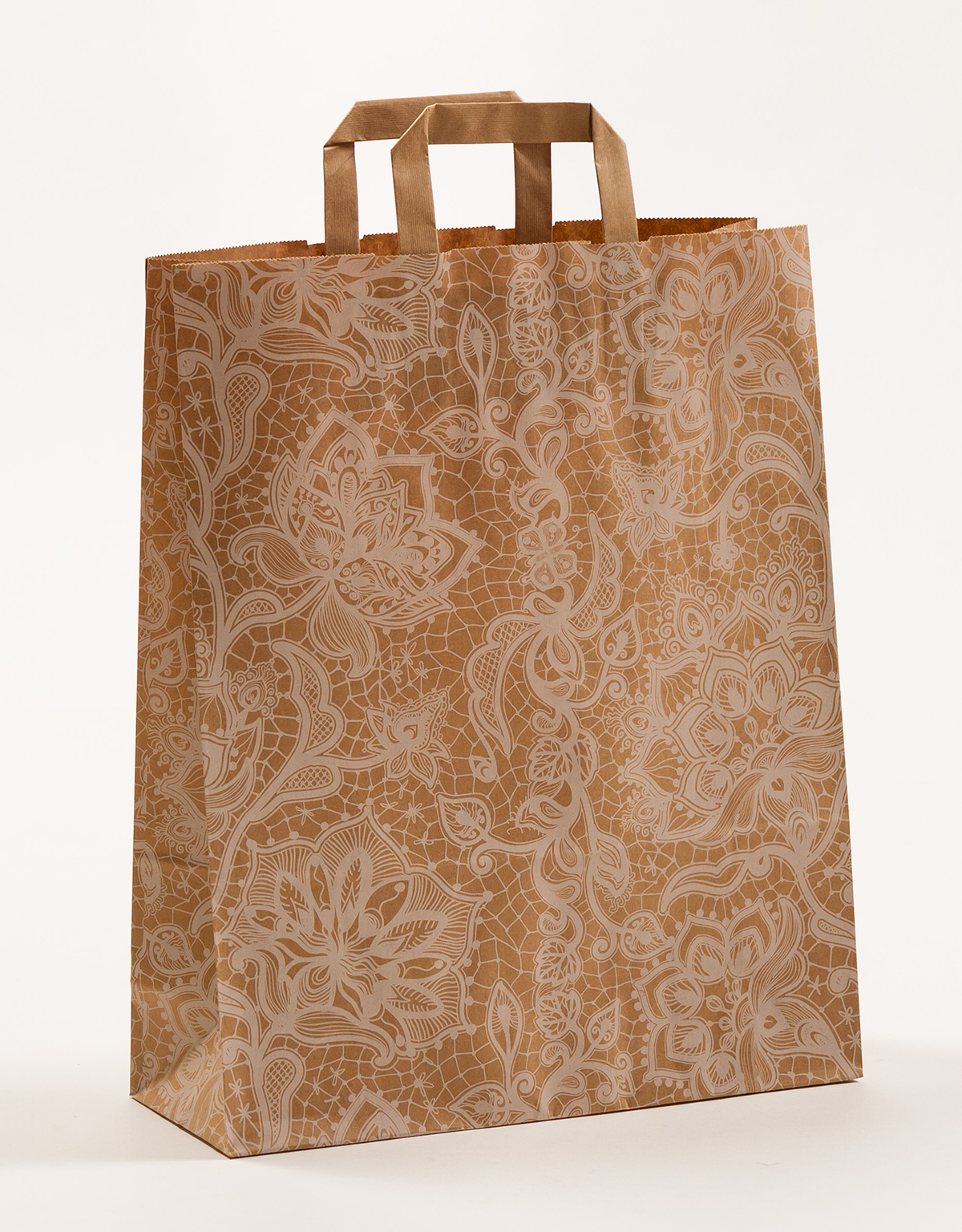 Produktbild Papiertragetaschen mit Flachhenkel - Spitze weiß in der Größe 32 x 12 x 40 cm