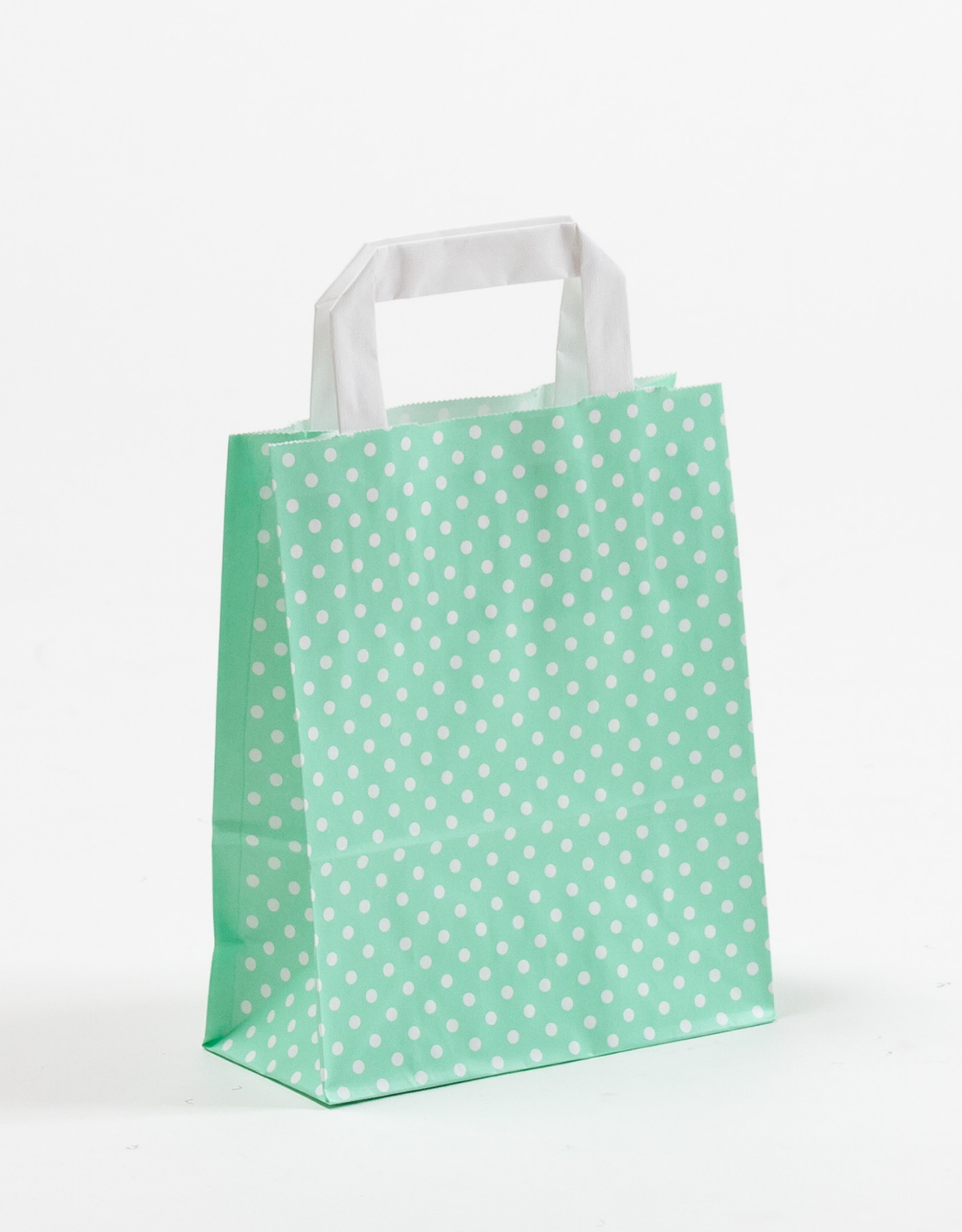 Produktbild Papiertragetaschen mit Flachhenkel mintgrün mit Punkten in der Größe 18 x 8 x 22 cm