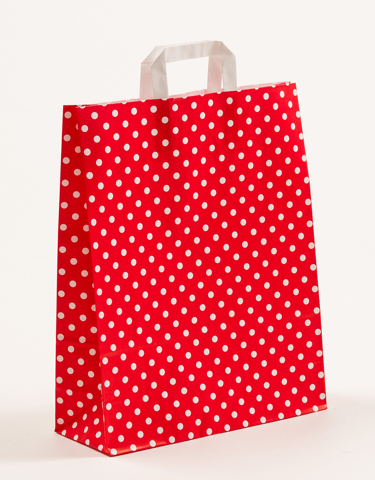 Produktbild Papiertragetaschen mit Flachhenkel rot mit Punkten in der Größe 32 x 12 x 40 cm