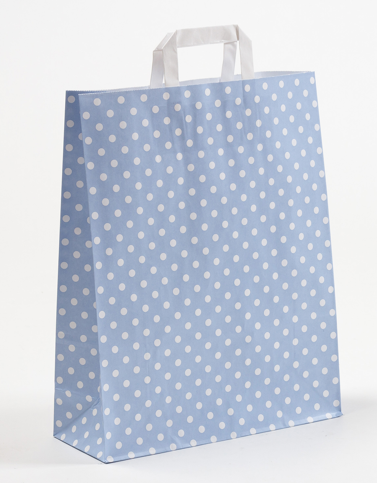 Produktbild Papiertragetaschen mit Flachhenkel hellblau mit Punkten in der Größe 32 x 12 x 40 cm