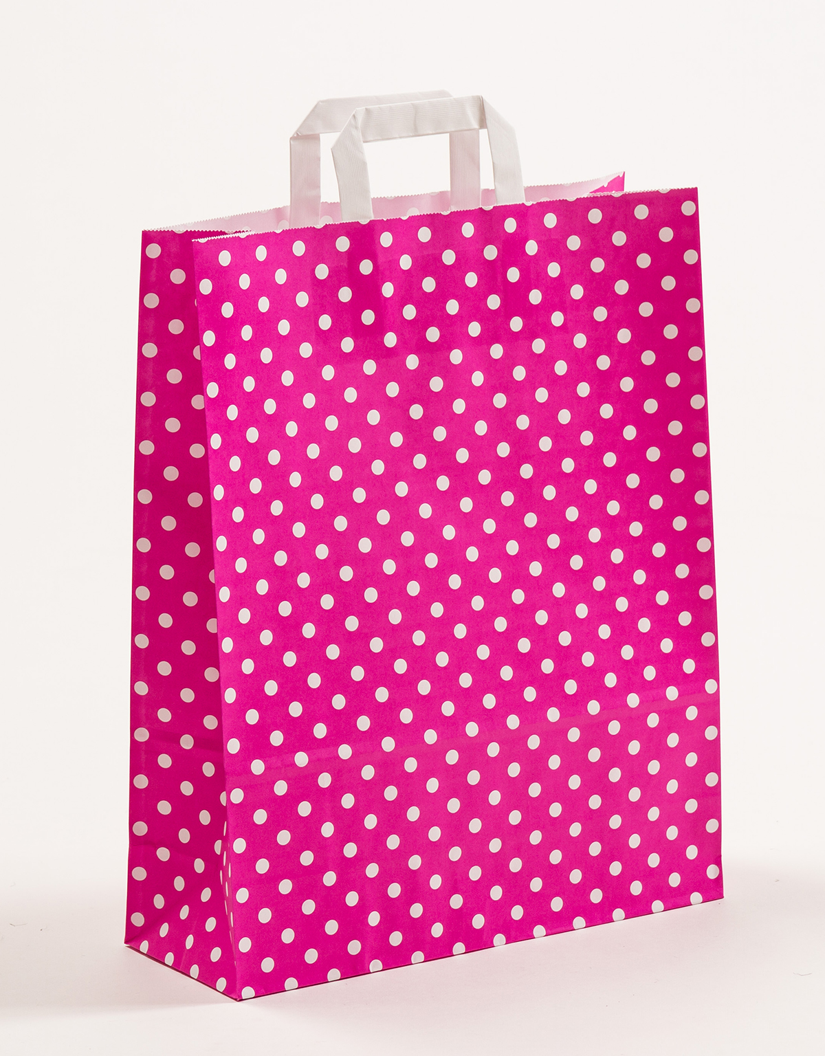 Produktbild Papiertragetaschen mit Flachhenkel pink mit Punkten in der Größe 32 x 12 x 40 cm