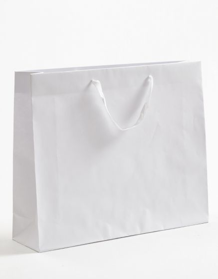 Produktbild Papiertragetaschen Royal mit Stoffbändern weiß in der Größe 54 x 14 x 44,5 + 6 cm
