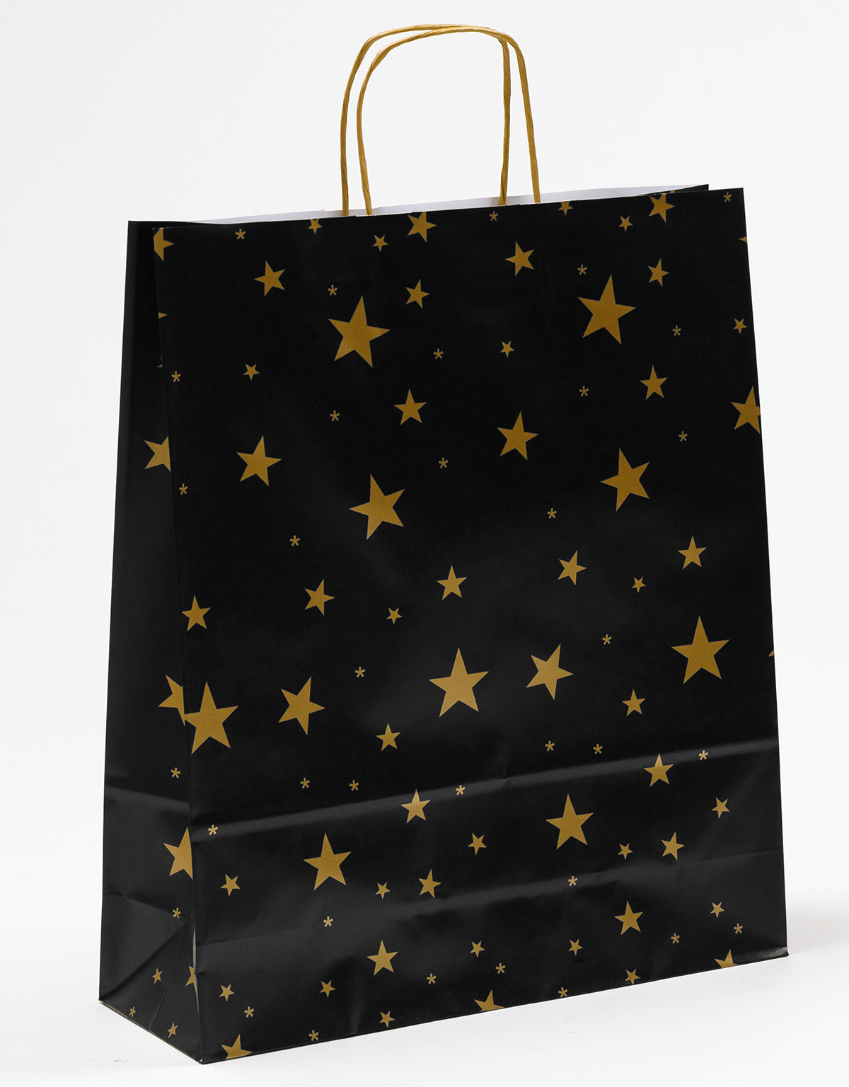 Produktbild Papiertragetaschen mit gedrehter Papierkordel Sterne gold/schwarz in der Größe 36 x 12 x 41 cm