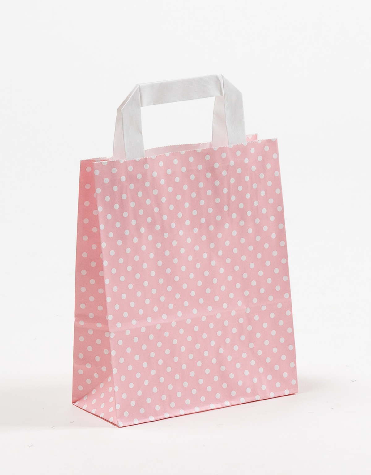 Produktbild Papiertragetaschen mit Flachhenkel rosa mit Punkten in der Größe 18 x 8 x 22 cm