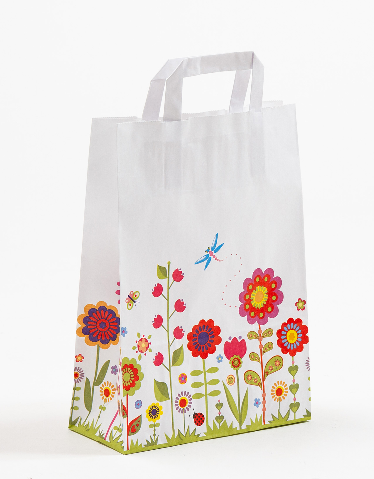 Produktbild Papiertragetaschen mit Flachhenkel - Blumenwiese weiß in der Größe 22 x 10 x 31 cm