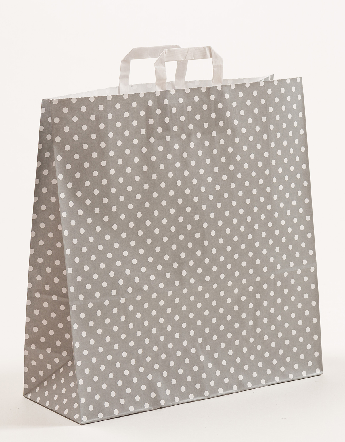 Produktbild Papiertragetaschen mit Flachhenkel grau mit Punkten in der Größe 45 x 17 x 47 cm
