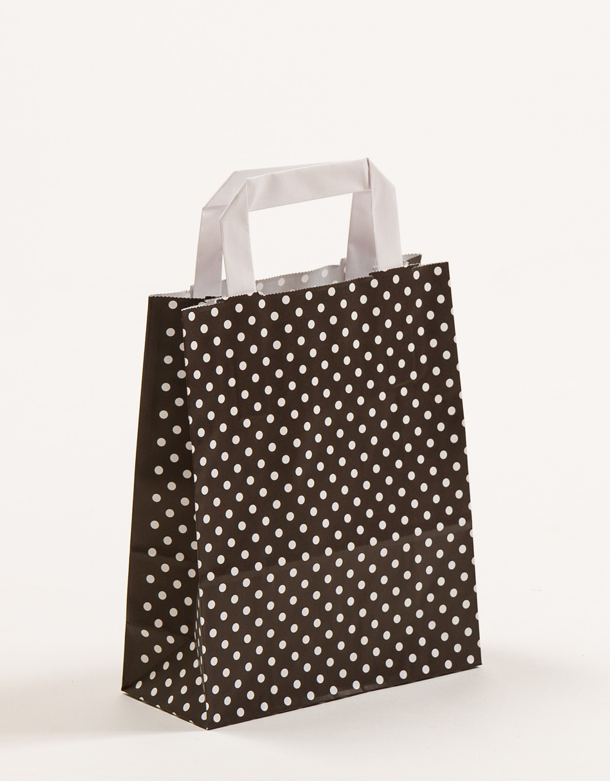 Produktbild Papiertragetaschen mit Flachhenkel schwarz mit Punkten in der Größe 18 x 8 x 22 cm