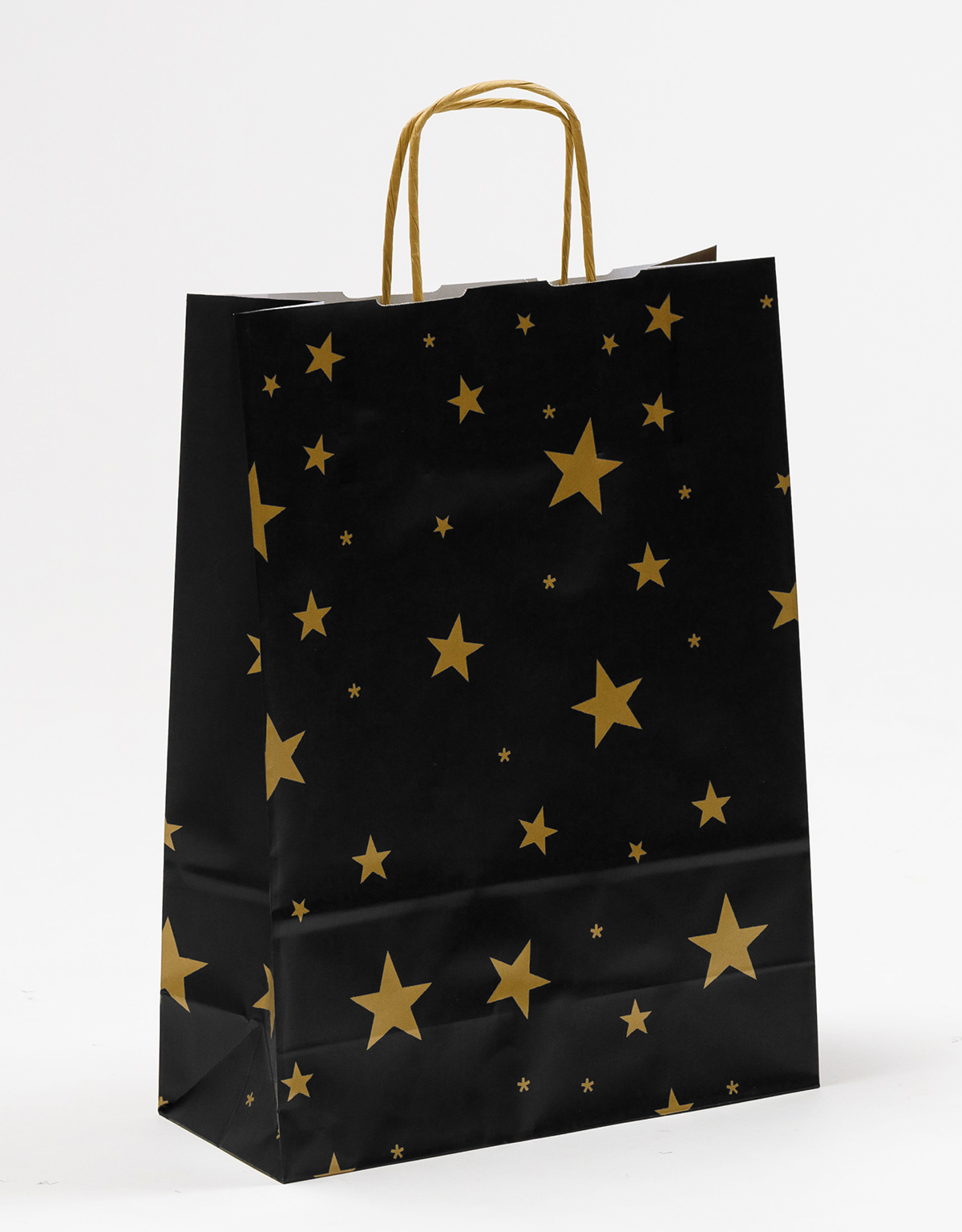 Produktbild Papiertragetaschen mit gedrehter Papierkordel Sterne gold/schwarz in der Größe 24 x 10 x 31 cm