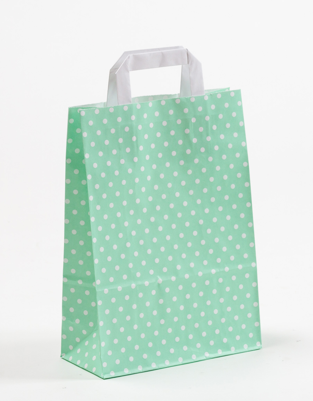 Produktbild Papiertragetaschen mit Flachhenkel mintgrün mit Punkten in der Größe 22 x 10 x 31 cm