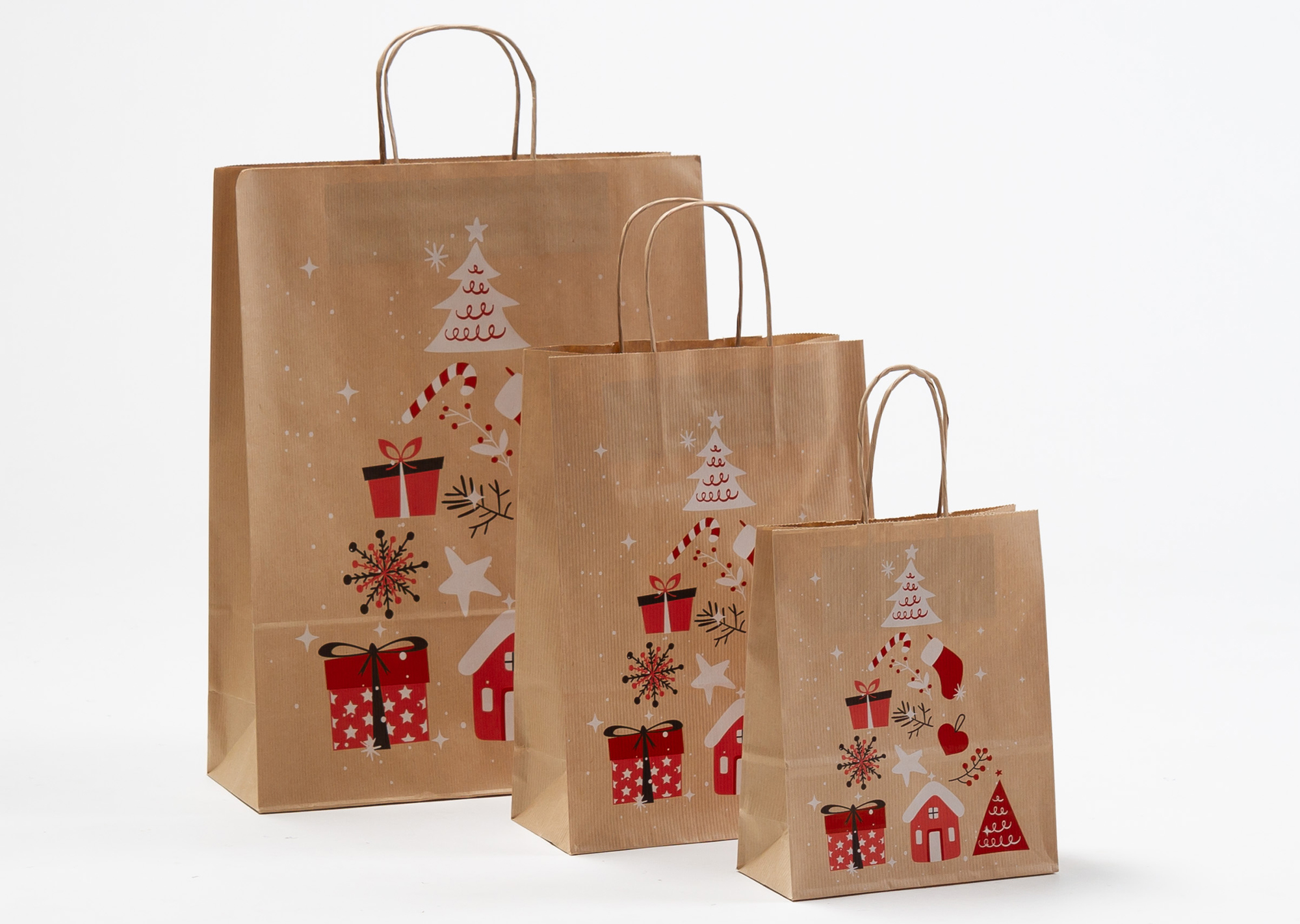 Gruppenbild Papiertragetaschen mit gedrehter Papierkordel WINTER Weihnachten