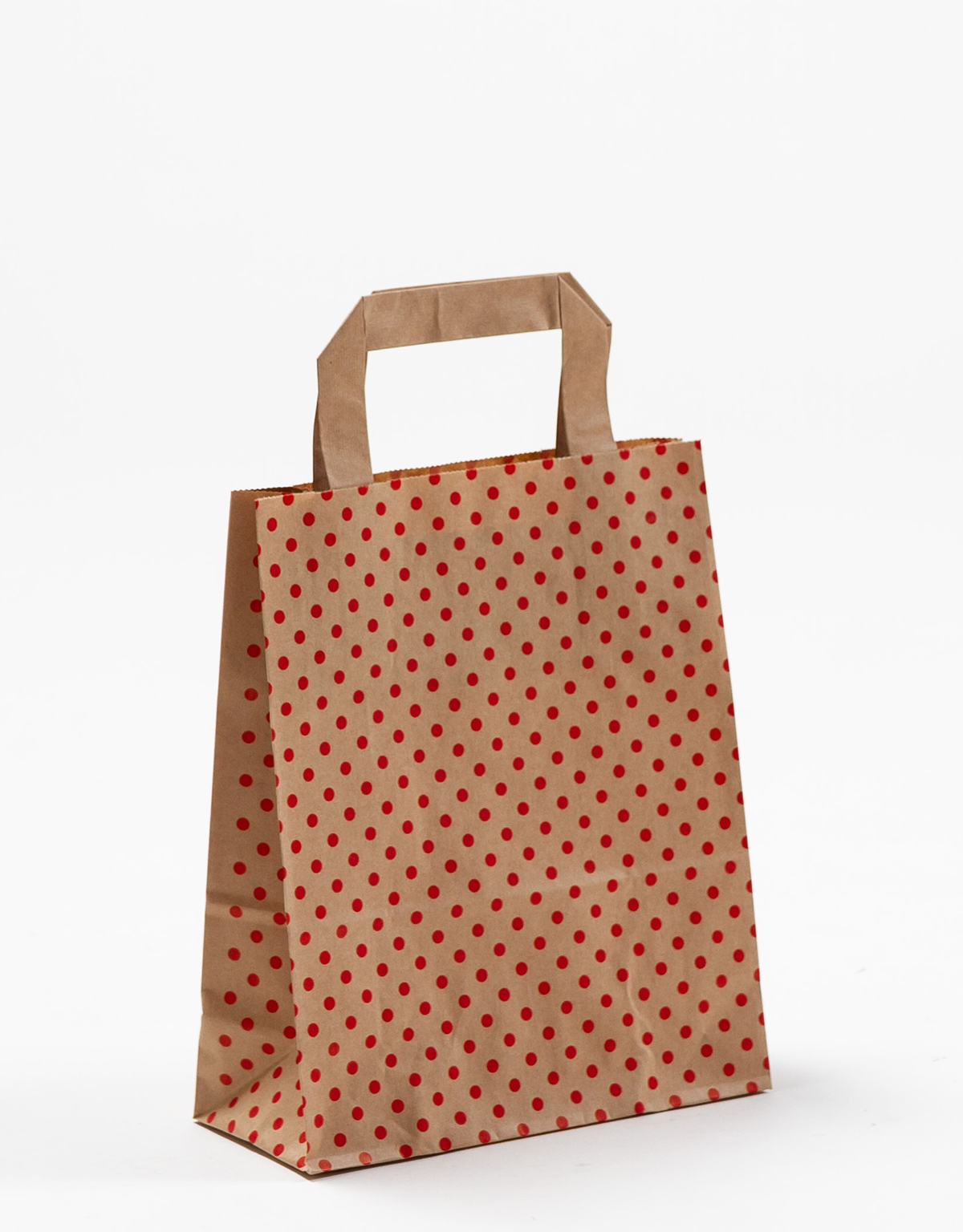 Produktbild Papiertragetaschen mit Flachhenkel braun mit roten Punkten in der Größe 18 x 8 x 22 cm