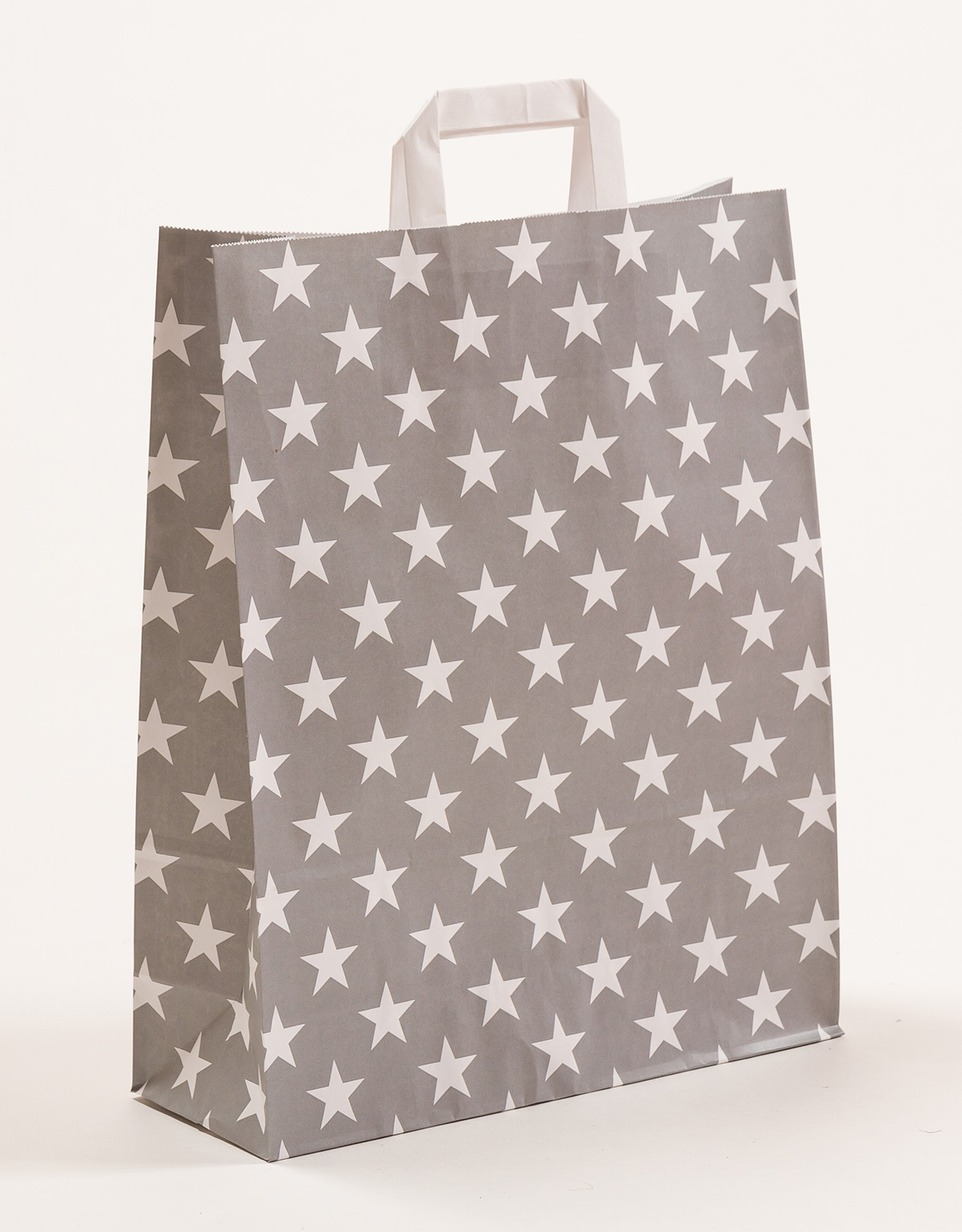 Produktbild Papiertragetaschen mit Flachhenkel - Sterne grau in der Größe 32 x 12 x 40 cm