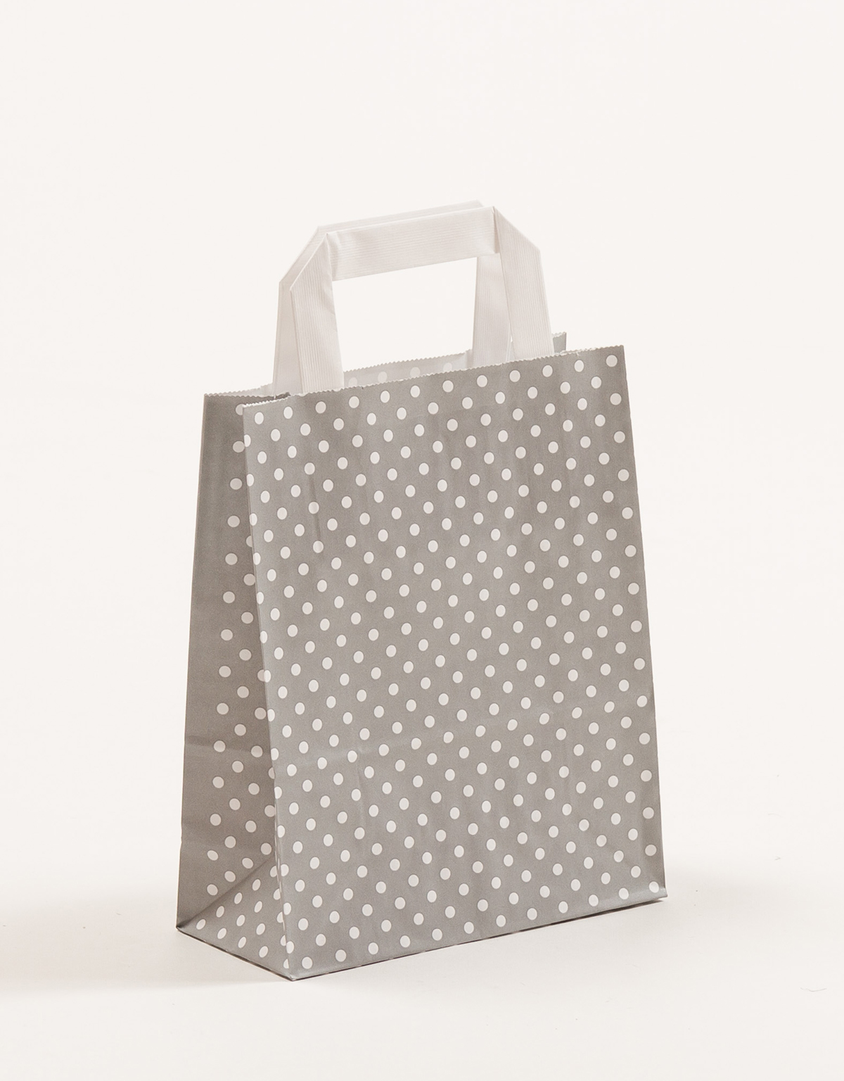 Produktbild Papiertragetaschen mit Flachhenkel grau mit Punkten in der Größe 18 x 8 x 22 cm