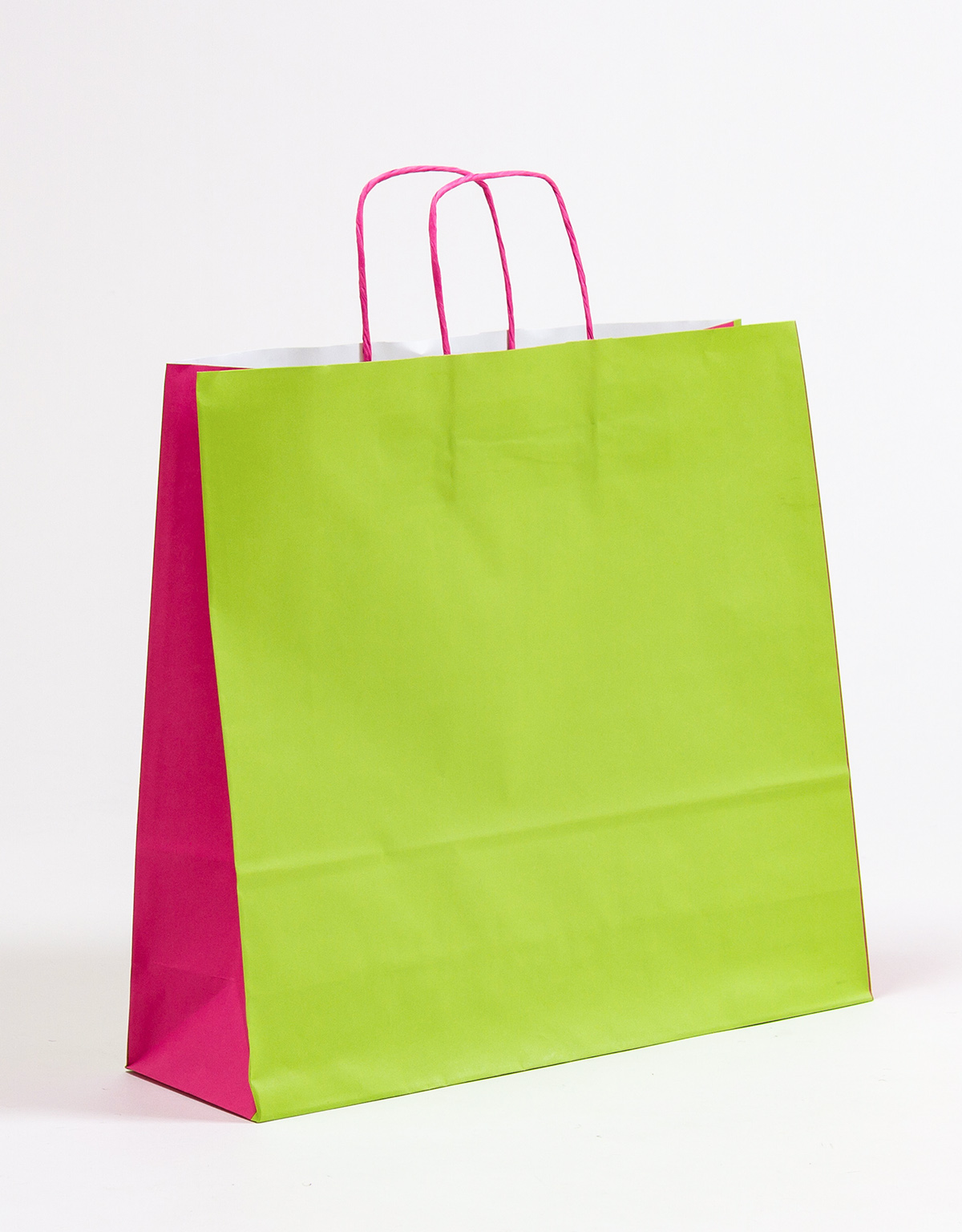 Produktbild Papiertragetaschen DUO grün/pink mit gedrehter Papierkordel in der Größe 40 x 12 x 36 cm
