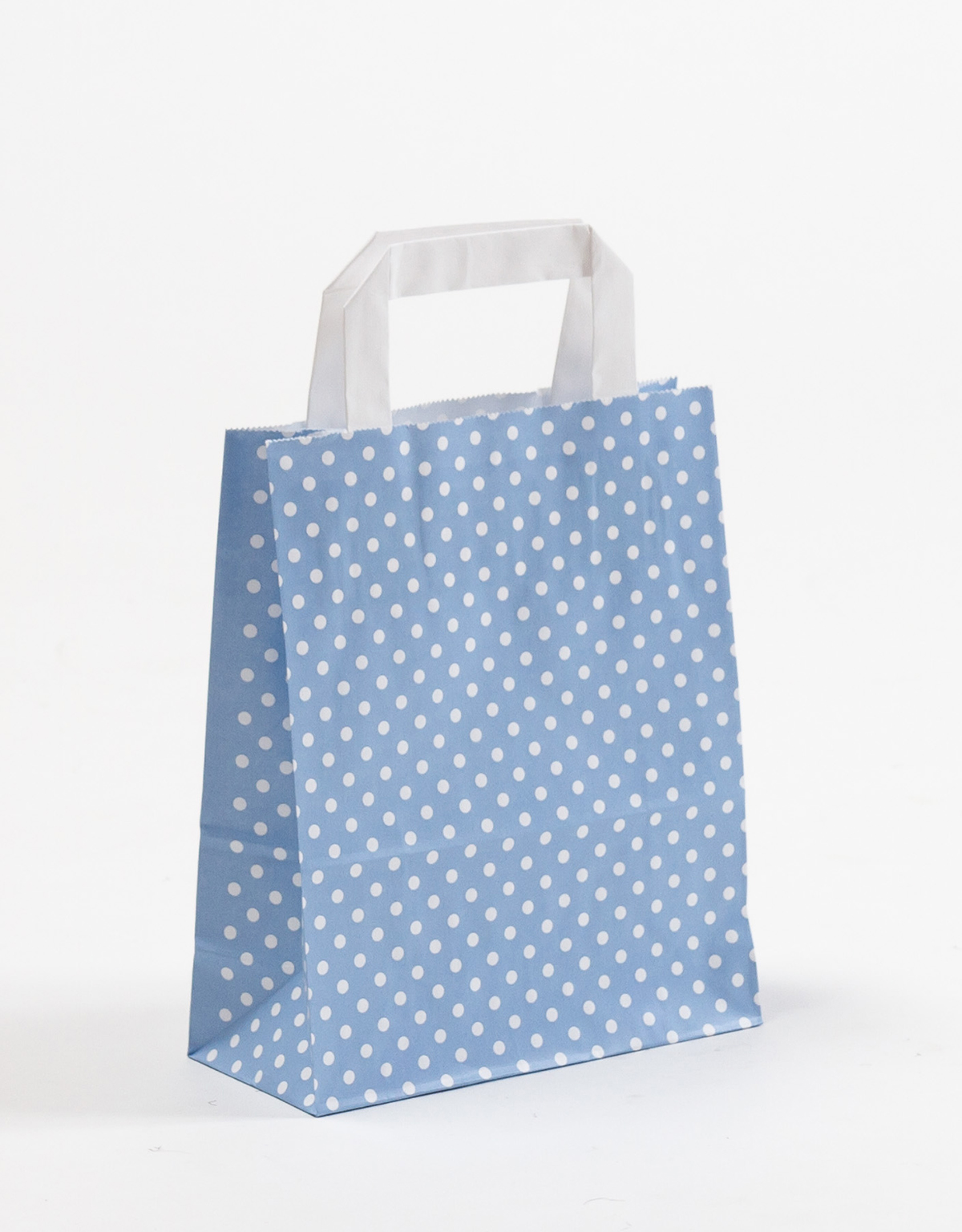 Produktbild Papiertragetaschen mit Flachhenkel hellblau mit Punkten in der Größe 18 x 8 x 22 cm