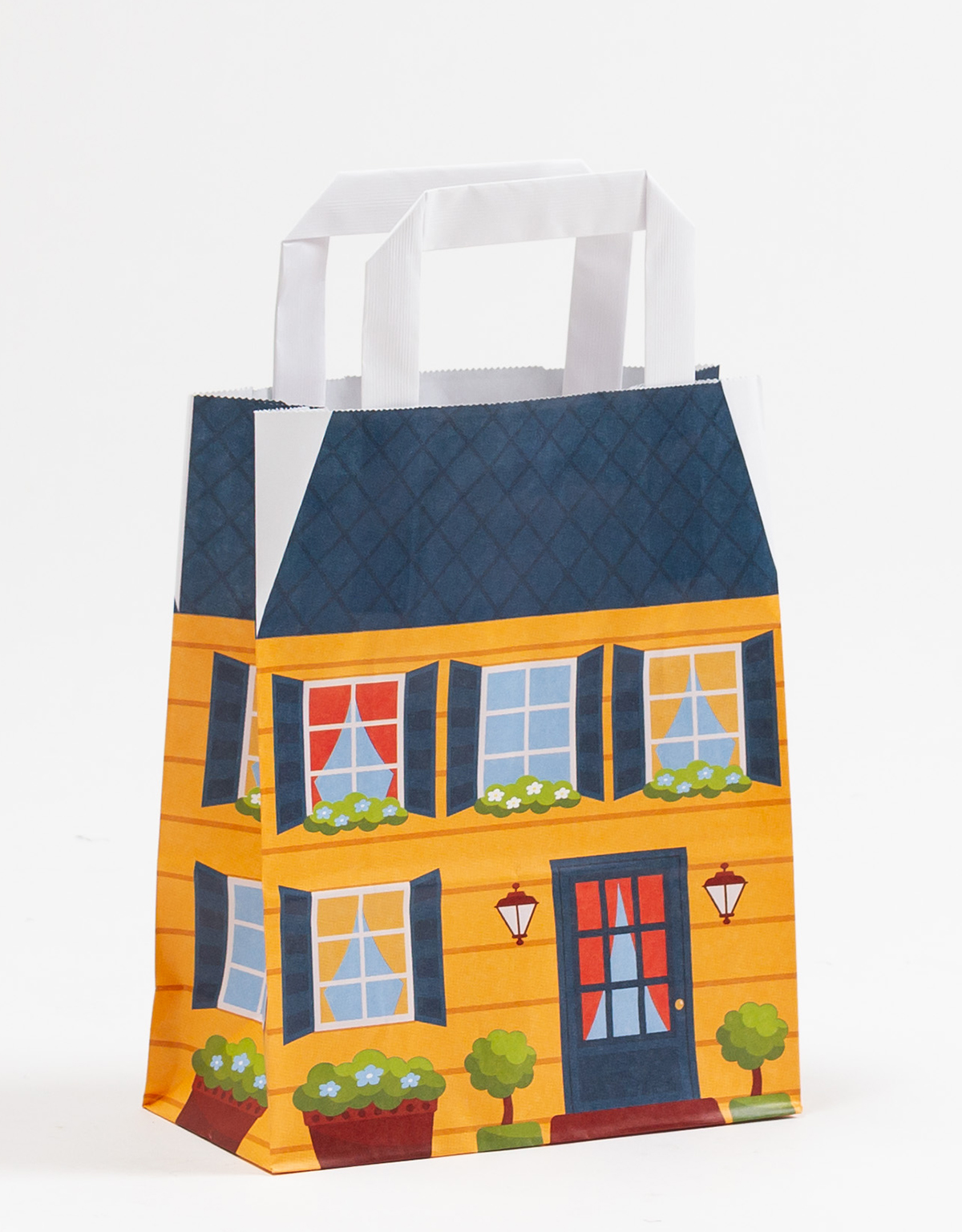 Produktbild Papiertragetaschen mit Flachhenkel - Häuser in der Größe 18 x 8 x 22 cm