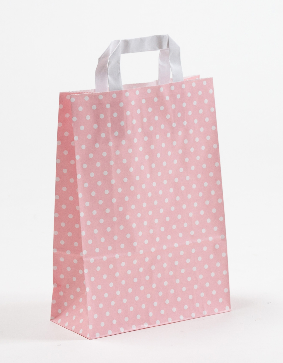 Produktbild Papiertragetaschen mit Flachhenkel rosa mit Punkten in der Größe 22 x 10 x 31 cm