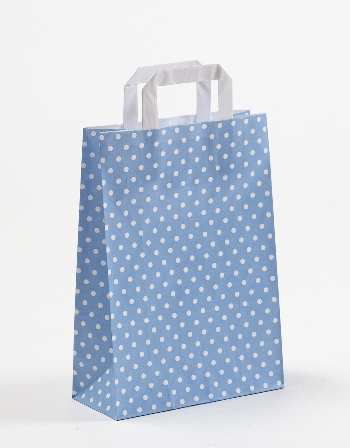 Produktbild Papiertragetaschen mit Flachhenkel hellblau mit Punkten in der Größe 22 x 10 x 31 cm