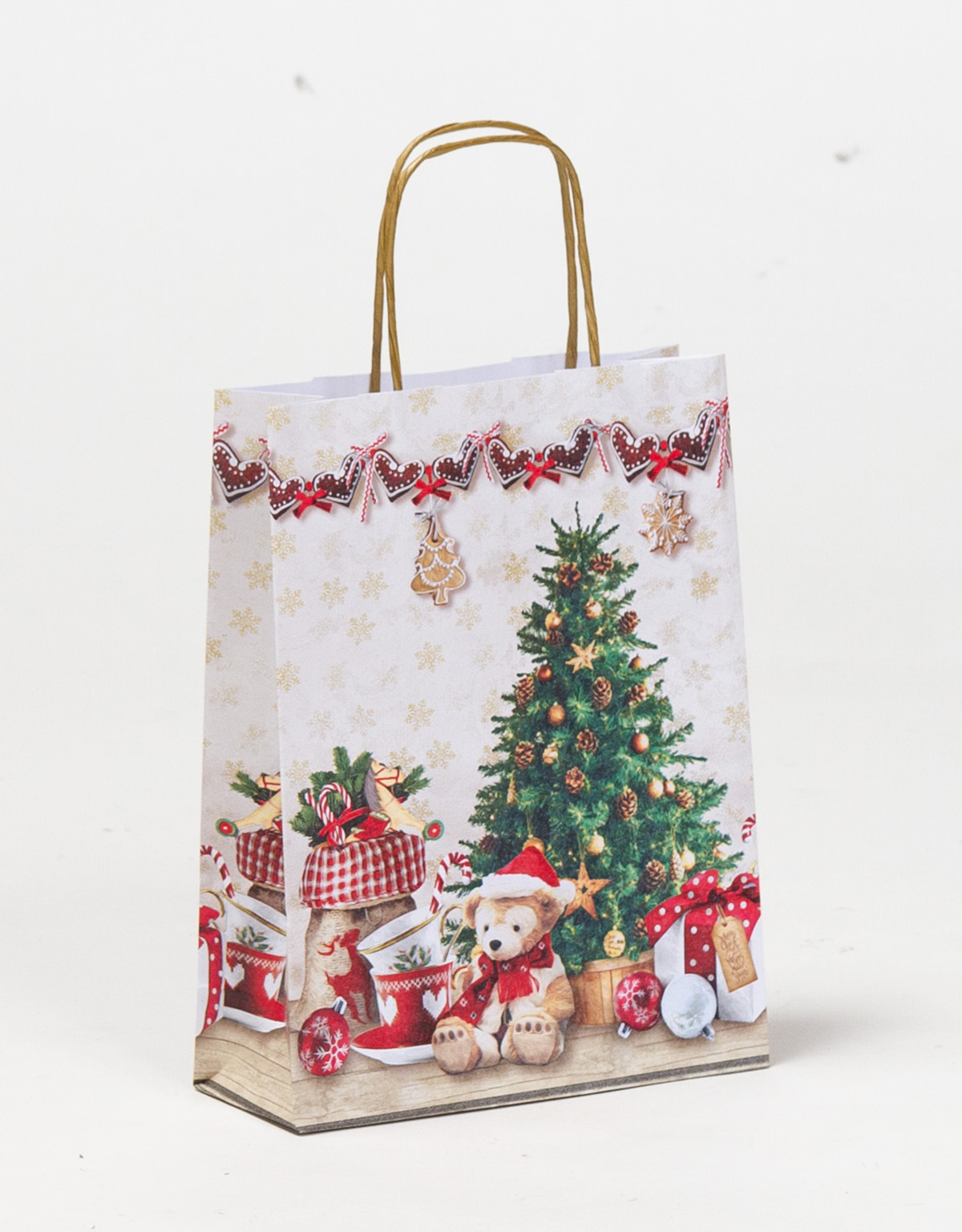 Produktbild Papiertragetaschen mit gedrehter Papierkordel Weihnachten Teddy in der Größe 18 x 7 x 24 cm