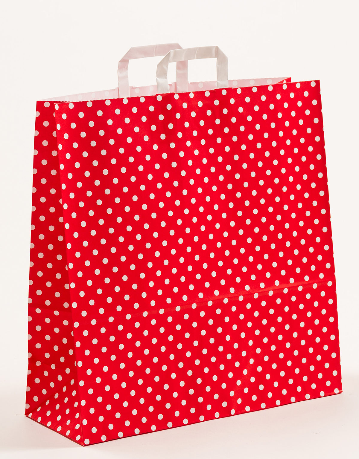 Produktbild Papiertragetaschen mit Flachhenkel rot mit Punkten in der Größe 45 x 17 x 47 cm