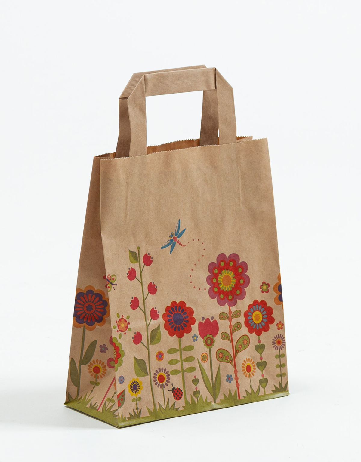 Produktbild Papiertragetaschen mit Flachhenkel - Blumenwiese natur in der Größe 18 x 8 x 22 cm