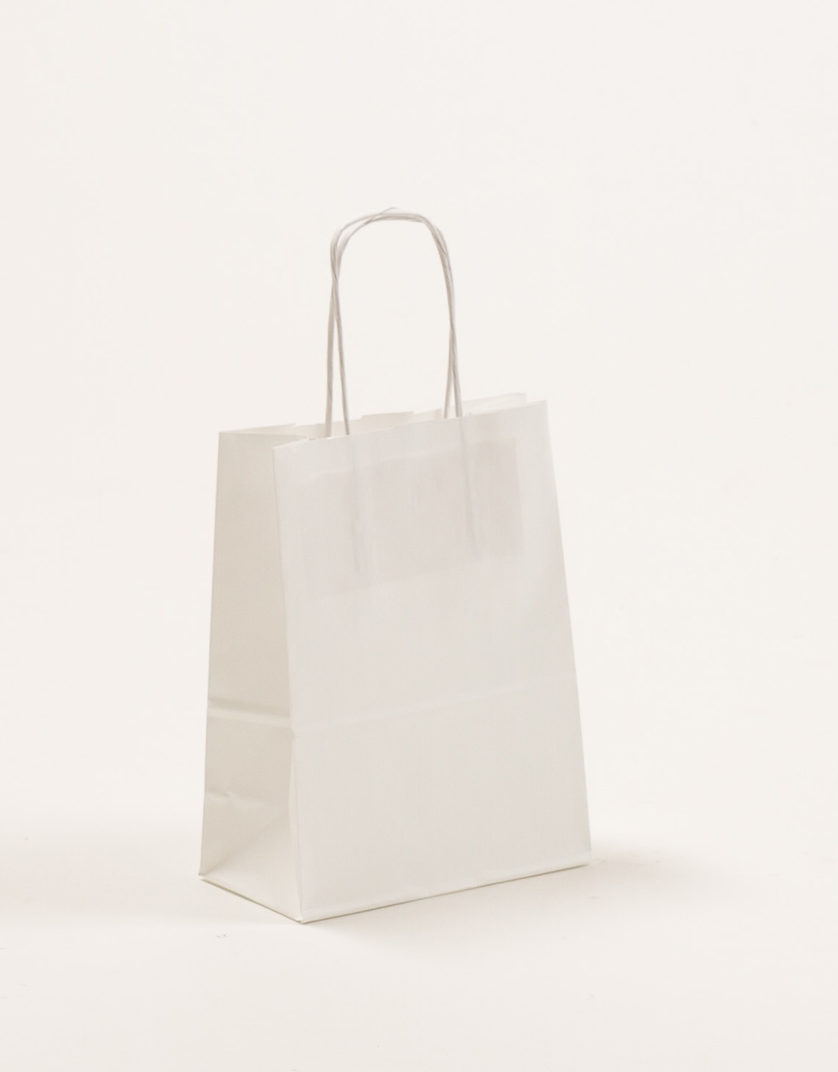 Produktbild Papiertragetaschen mit gedrehter Papierkordel weiß in der Größe 15 x 8 x 20 cm