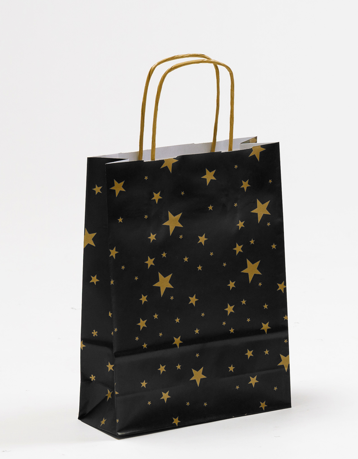 Produktbild Papiertragetaschen mit gedrehter Papierkordel Sterne gold/schwarz in der Größe 18 x 7 x 24 cm