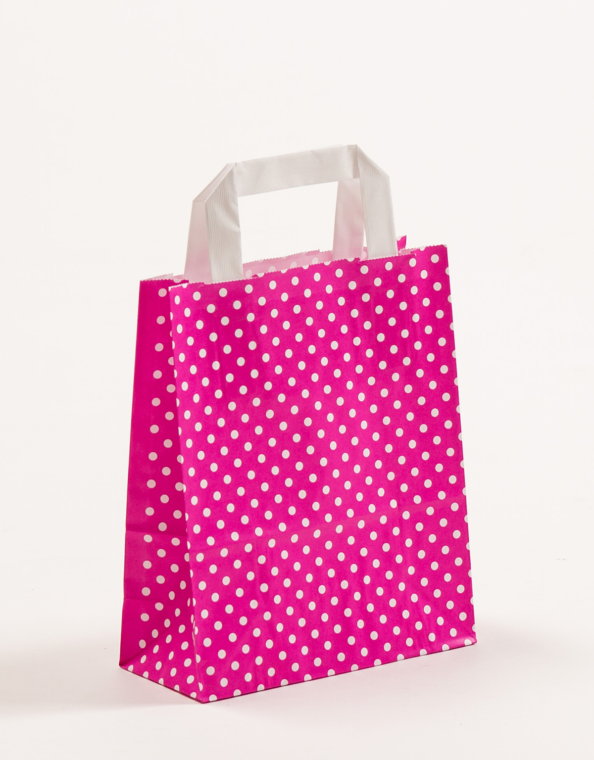 Produktbild Papiertragetaschen mit Flachhenkel pink mit Punkten in der Größe 18 x 8 x 22 cm
