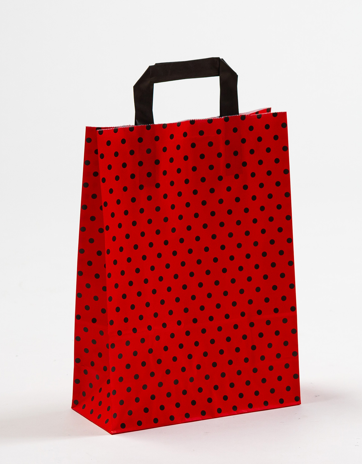 Produktbild Papiertragetaschen mit Flachhenkel rot mit Punkten in der Größe 22 x 10 x 31 cm
