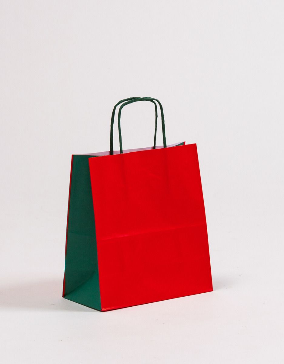 Produktbild Papiertragetaschen DUO rot/grün mit gedrehter Papierkordel in der Größe 20 x 10 x 21 cm