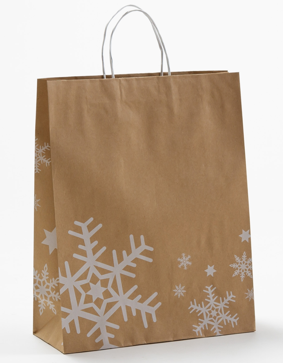 Produktbild Papiertragetaschen mit Randumschlag Schnee Eiskristalle braun/weiß in der Größe 32 x 13 x 40+6 cm