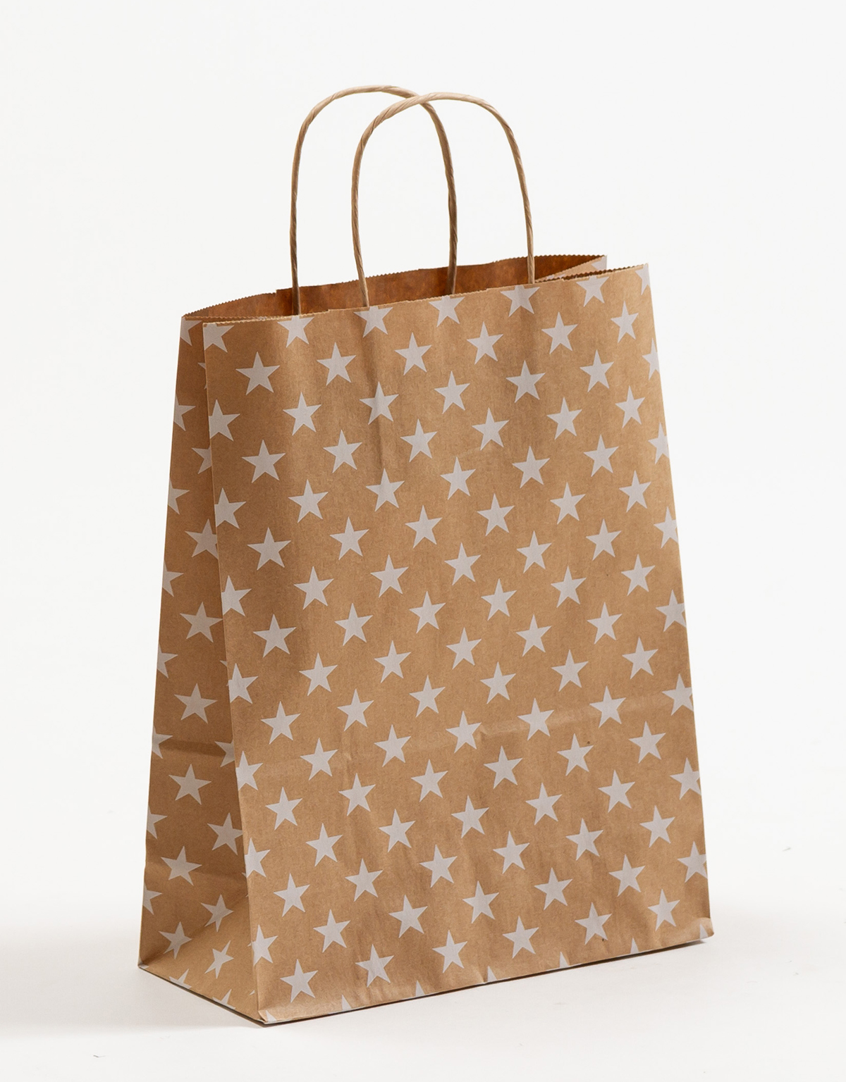 Produktbild SALE Papiertragetaschen mit gedrehter Papierkordel Sterne weiß in der Größe 22 x 10 x 28 cm
