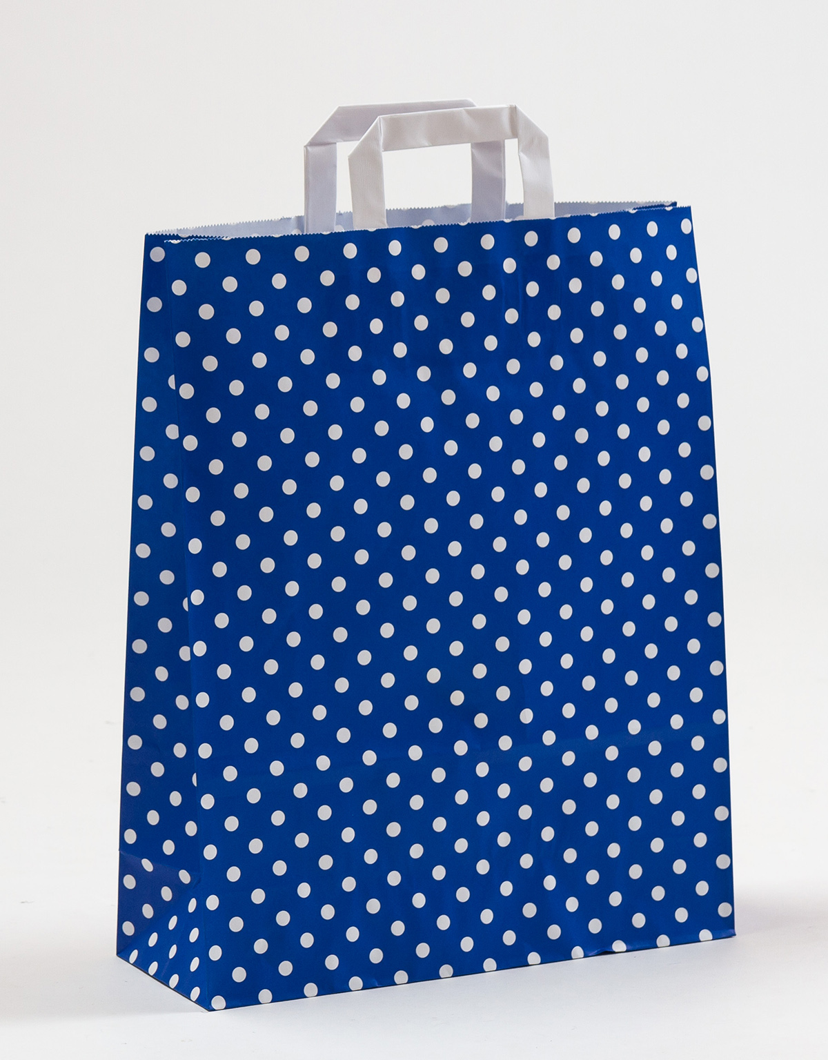 Produktbild Papiertragetaschen mit Flachhenkel blau mit Punkten in der Größe 32 x 12 x 40 cm