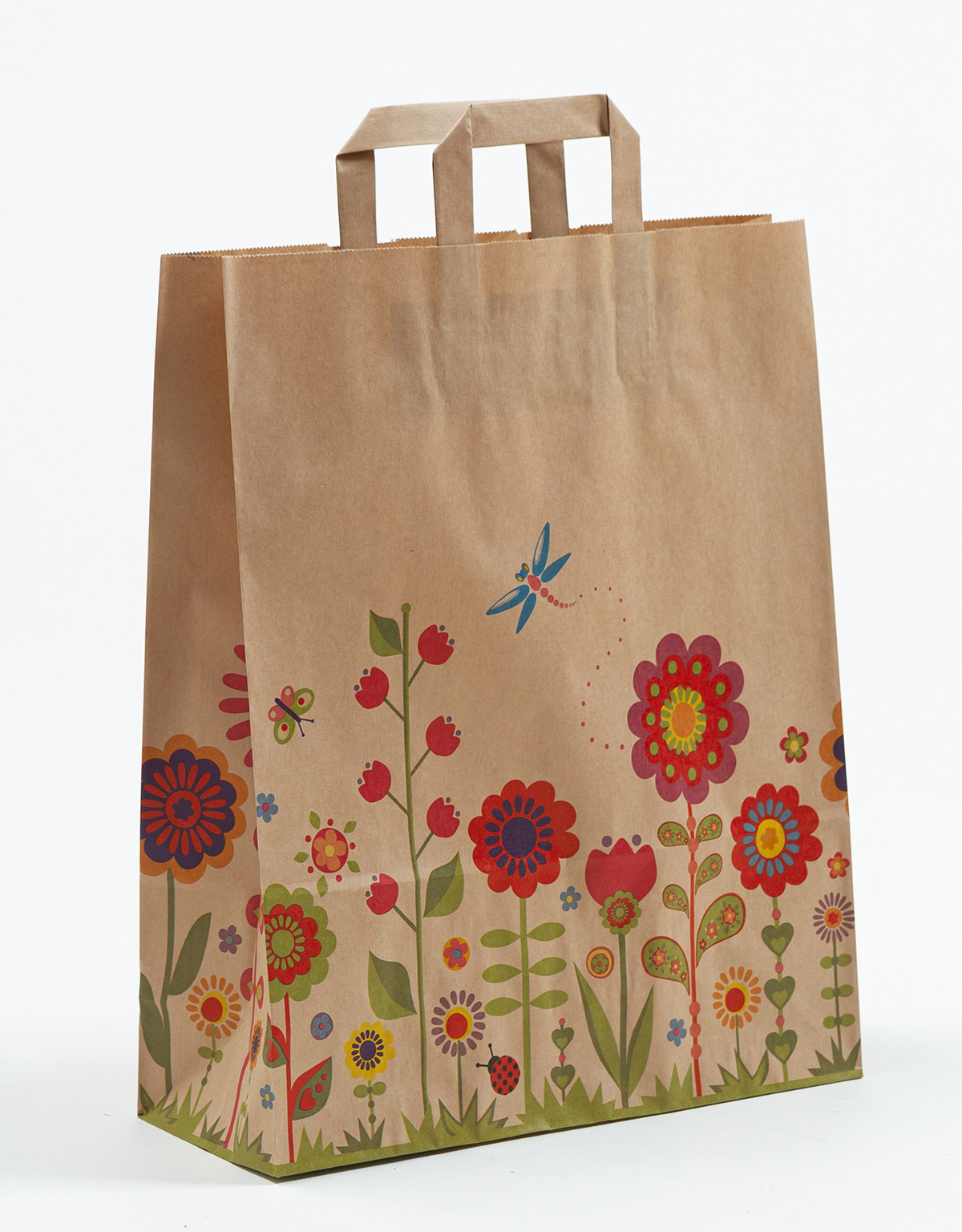 Produktbild Papiertragetaschen mit Flachhenkel - Blumenwiese natur in der Größe 32 x 12 x 40 cm