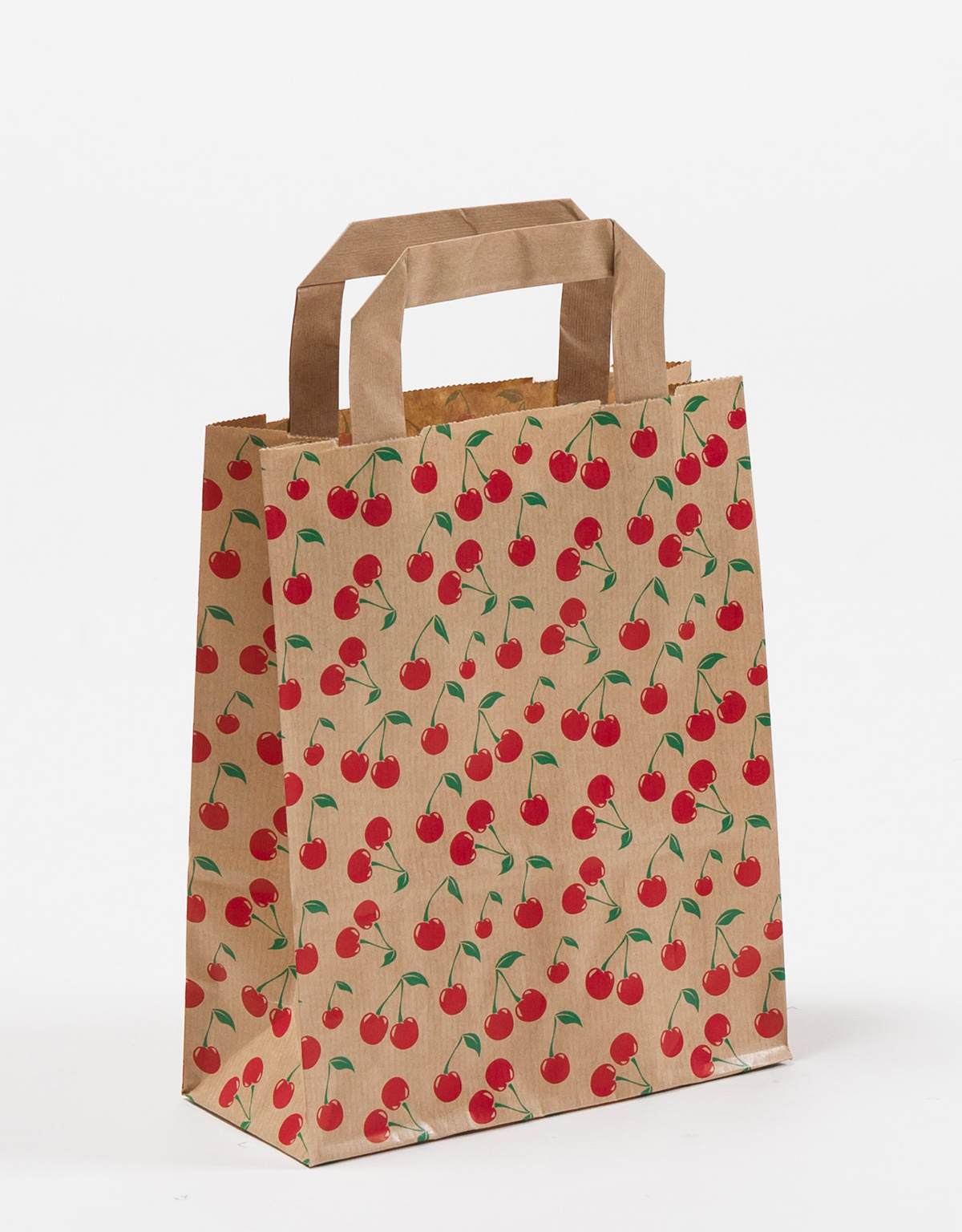 Produktbild Papiertragetaschen mit Flachhenkel braun  - Kirschen in der Größe 18 x 8 x 22 cm