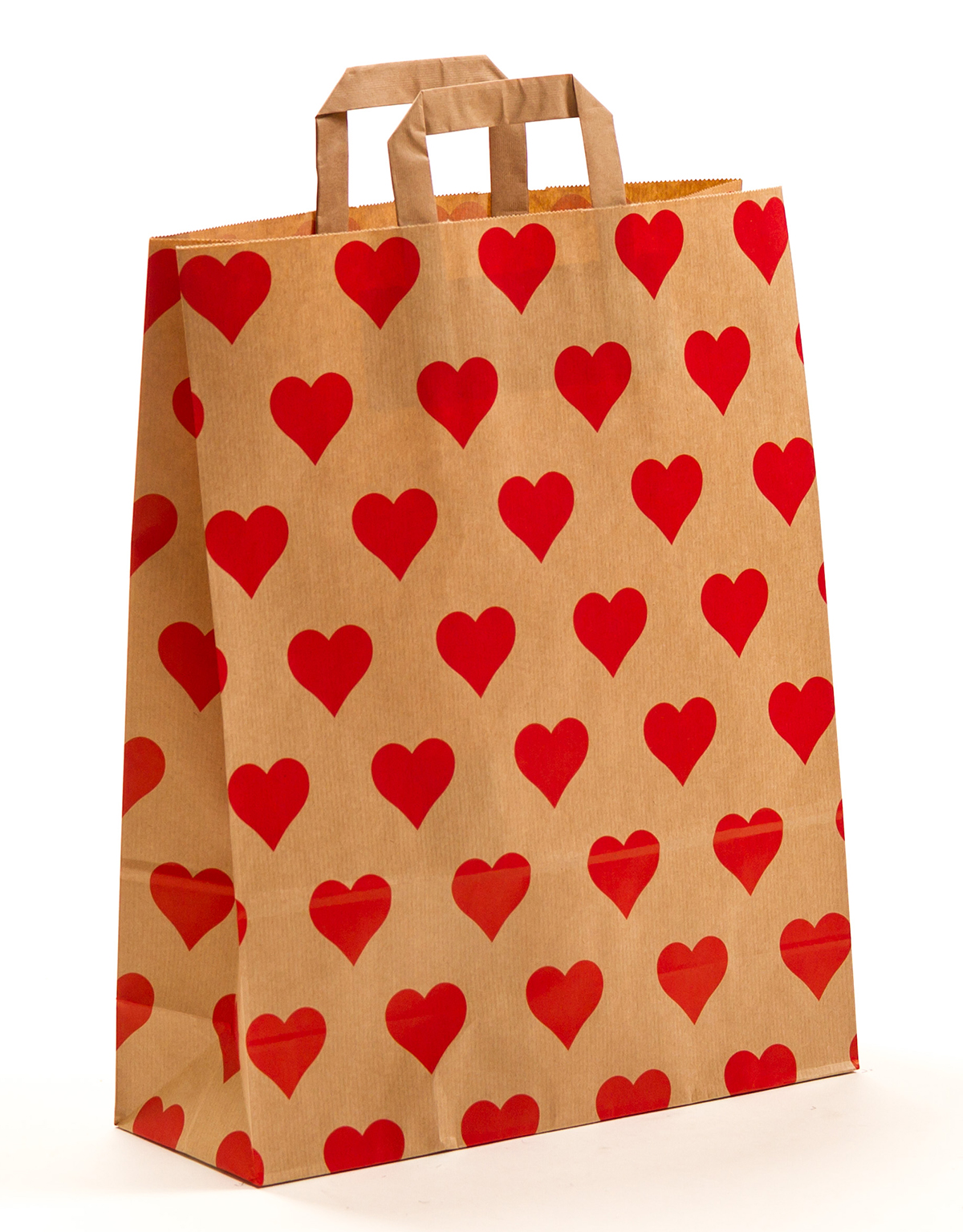 Produktbild Papiertragetaschen mit Flachhenkel braun  - Herzen rot in der Größe 32 x 12 x 40 cm