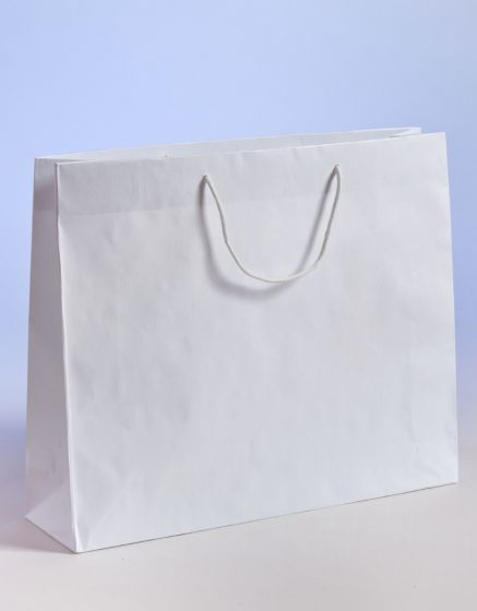 Produktbild SALE Papiertragetaschen aus Sealingpapier (gerippt) mit Stoffkordeln weiß in der Größe 54 x 14 x 44,5 + 6 cm