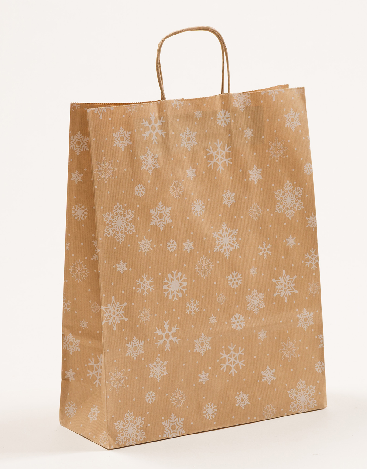 Produktbild Papiertragetaschen mit gedrehter Papierkordel Schneegestöber Weihnachten in der Größe 32 x 12 x 41 cm