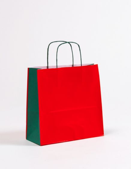 Produktbild Papiertragetaschen DUO rot/grün mit gedrehter Papierkordel in der Größe 27 x 11 x 26 cm