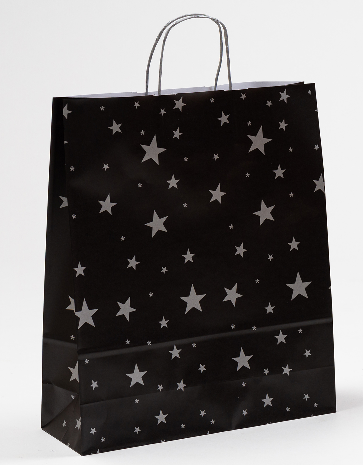 Produktbild Papiertragetaschen mit gedrehter Papierkordel Sterne silber/schwarz in der Größe 36 x 12 x 41 cm