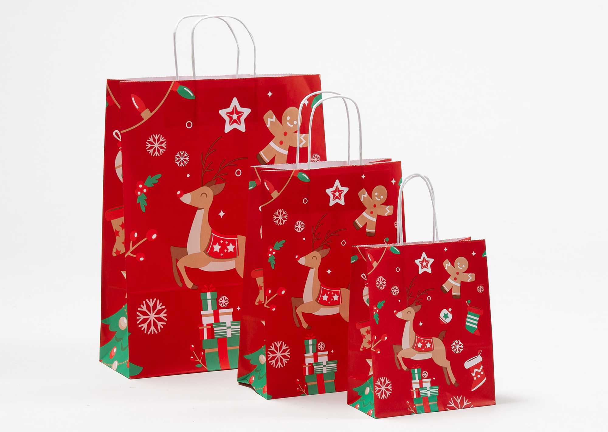 Gruppenbild Papiertragetaschen mit gedrehter Papierkordel Rentier Weihnachten