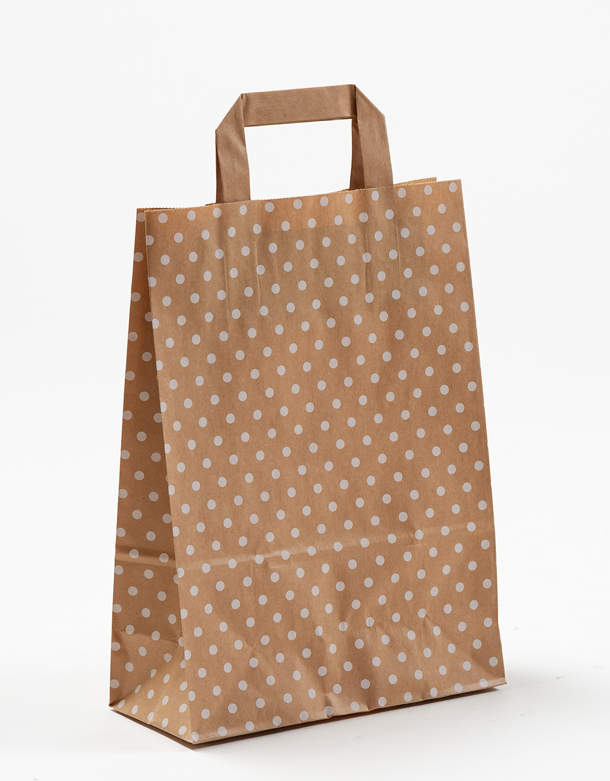 Produktbild Papiertragetaschen mit Flachhenkel braun mit weißen Punkten in der Größe 22 x 10 x 31 cm