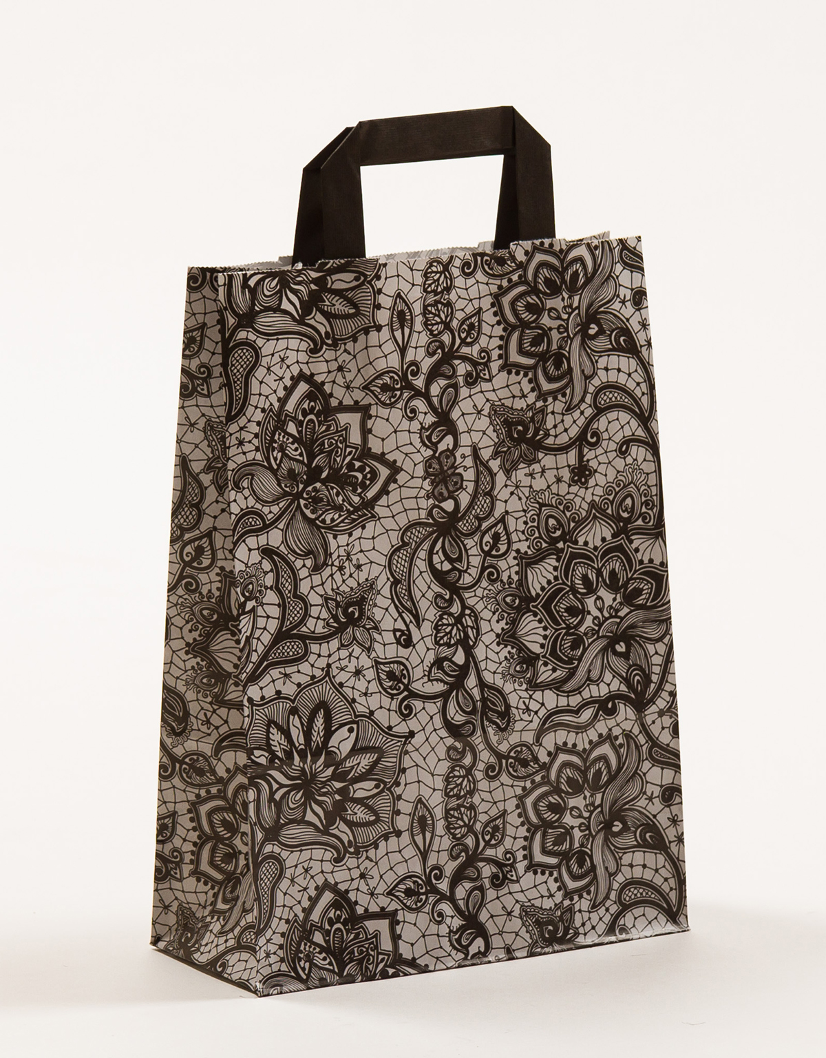 Produktbild Papiertragetaschen mit Flachhenkel - Spitze schwarz in der Größe 22 x 10 x 31 cm