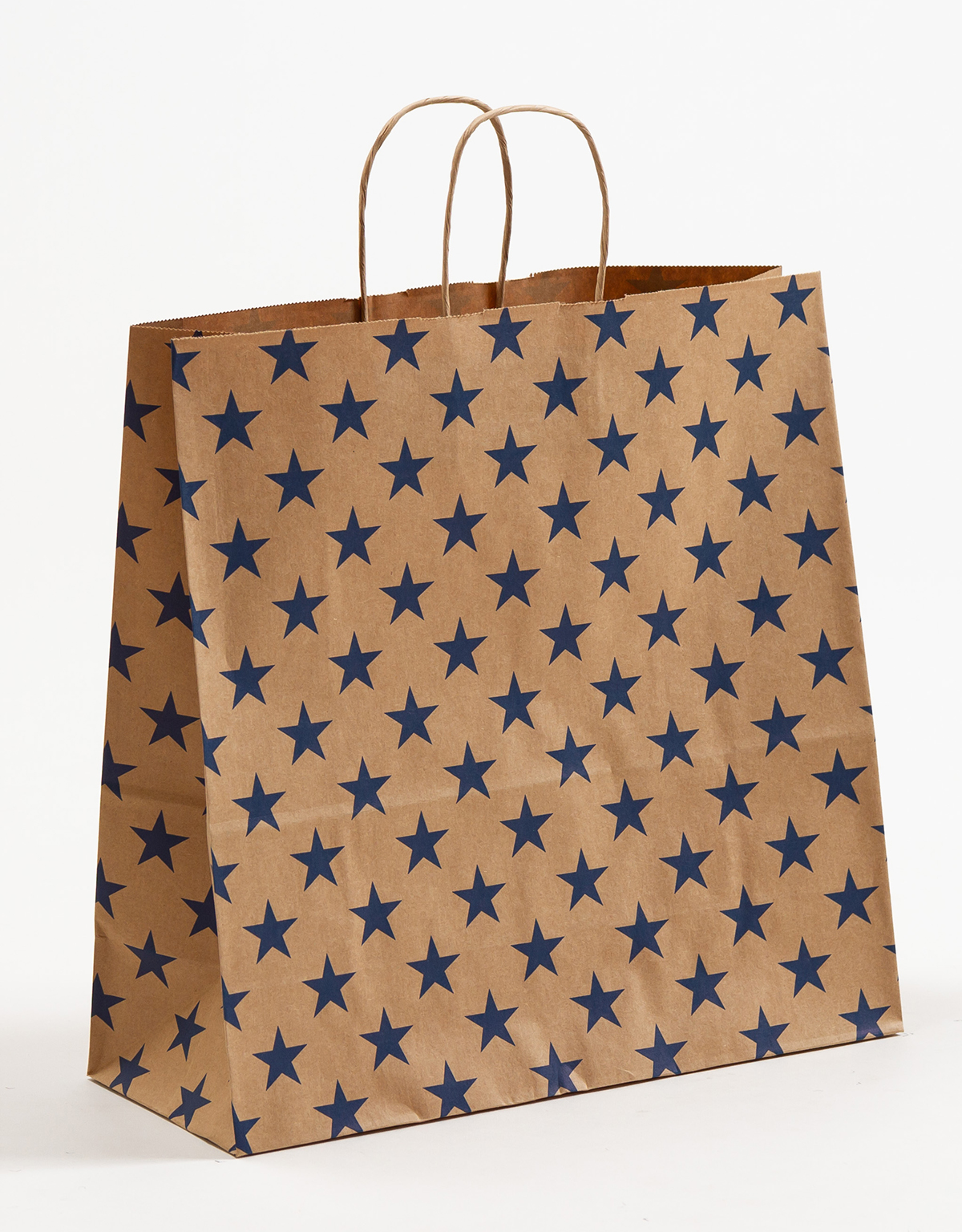 Produktbild SALE Papiertragetaschen mit gedrehter Papierkordel Sterne blau in der Größe 35 x 14 x 35 cm