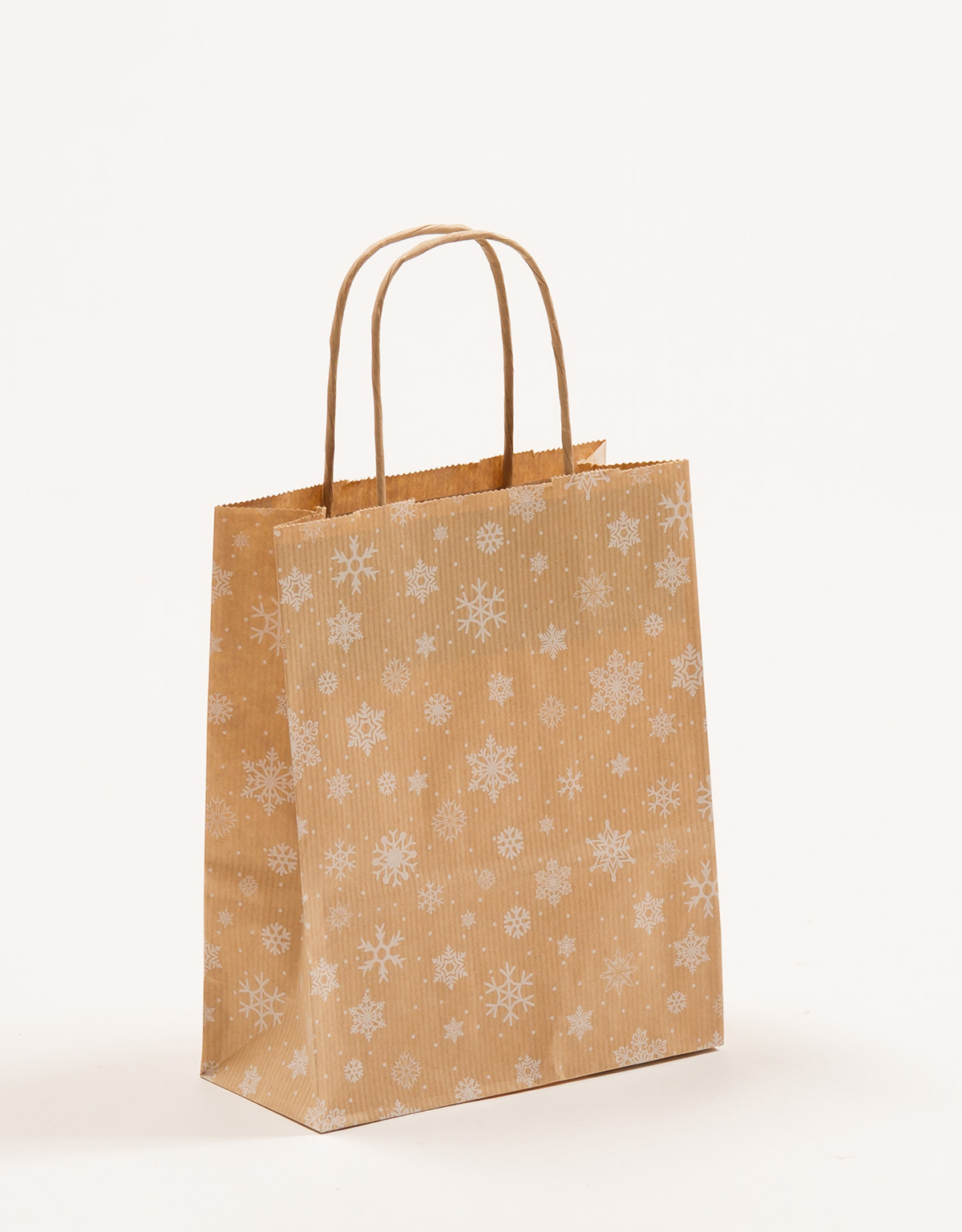 Produktbild Papiertragetaschen mit gedrehter Papierkordel Schneegestöber Weihnachten in der Größe 18 x 8 x 22 cm